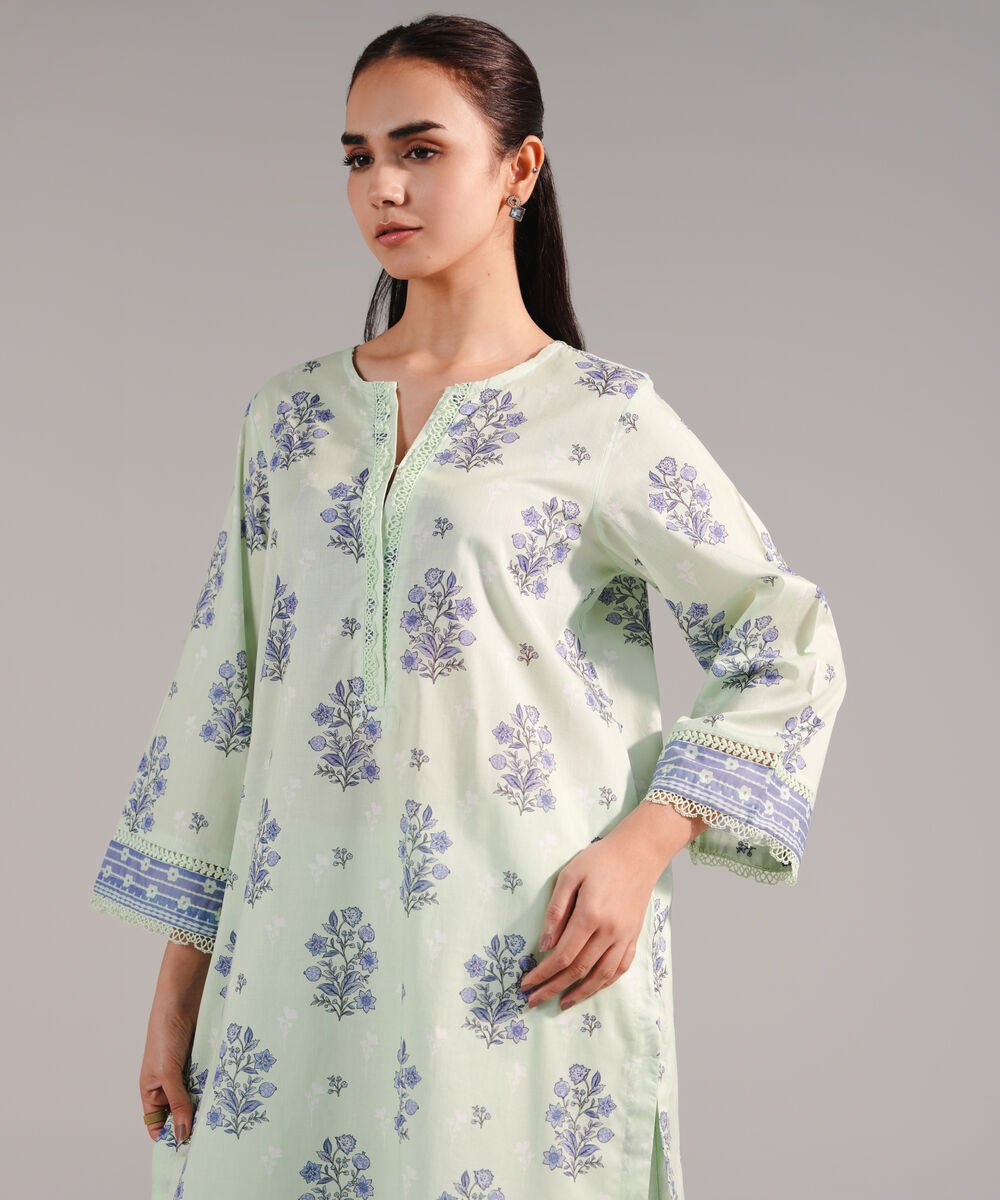 Women's RTW Lawn Printed Mint Green Straight Shirt