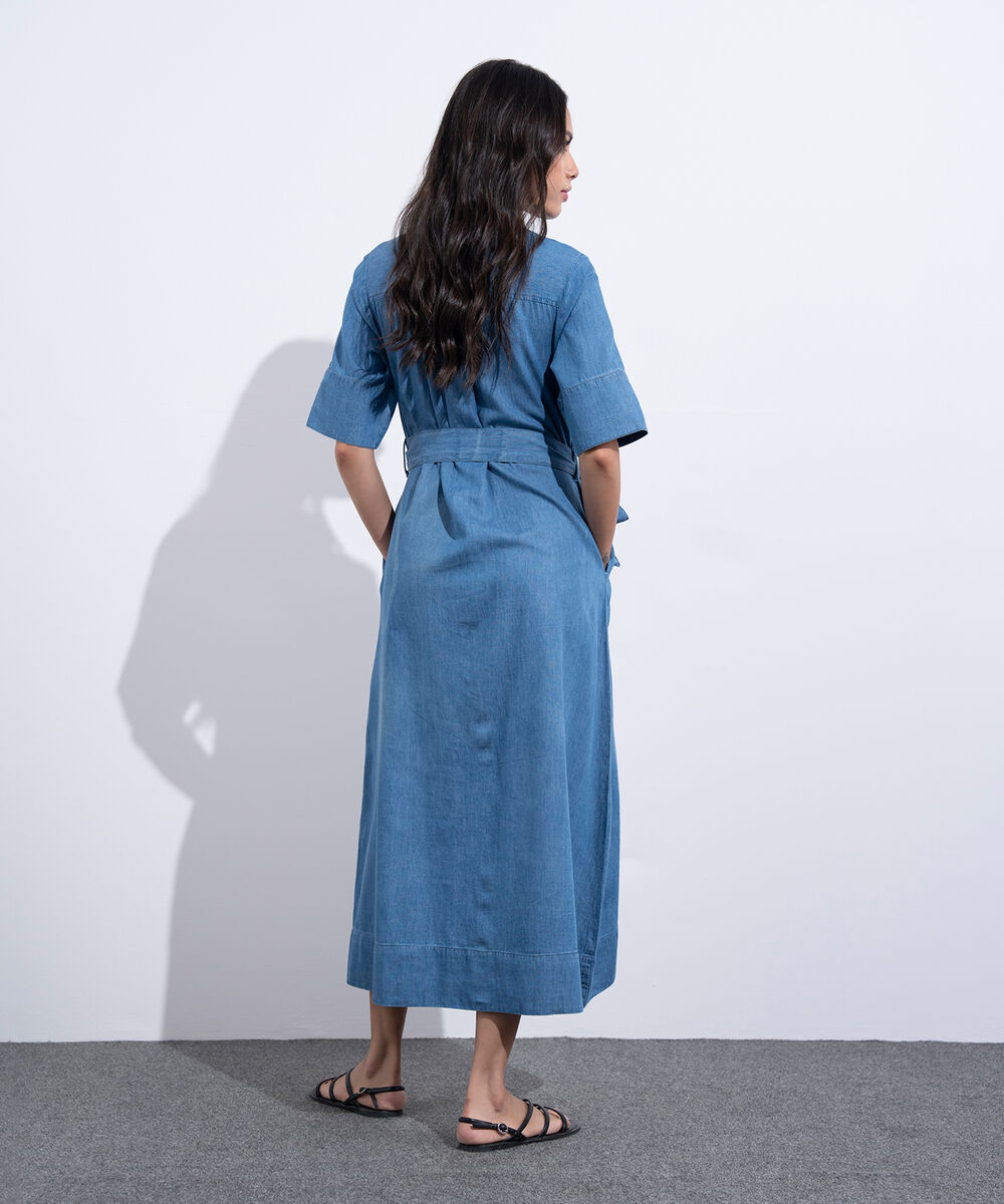 Women's Western Wear Blue Denim Short Sleeve Dress With Belt