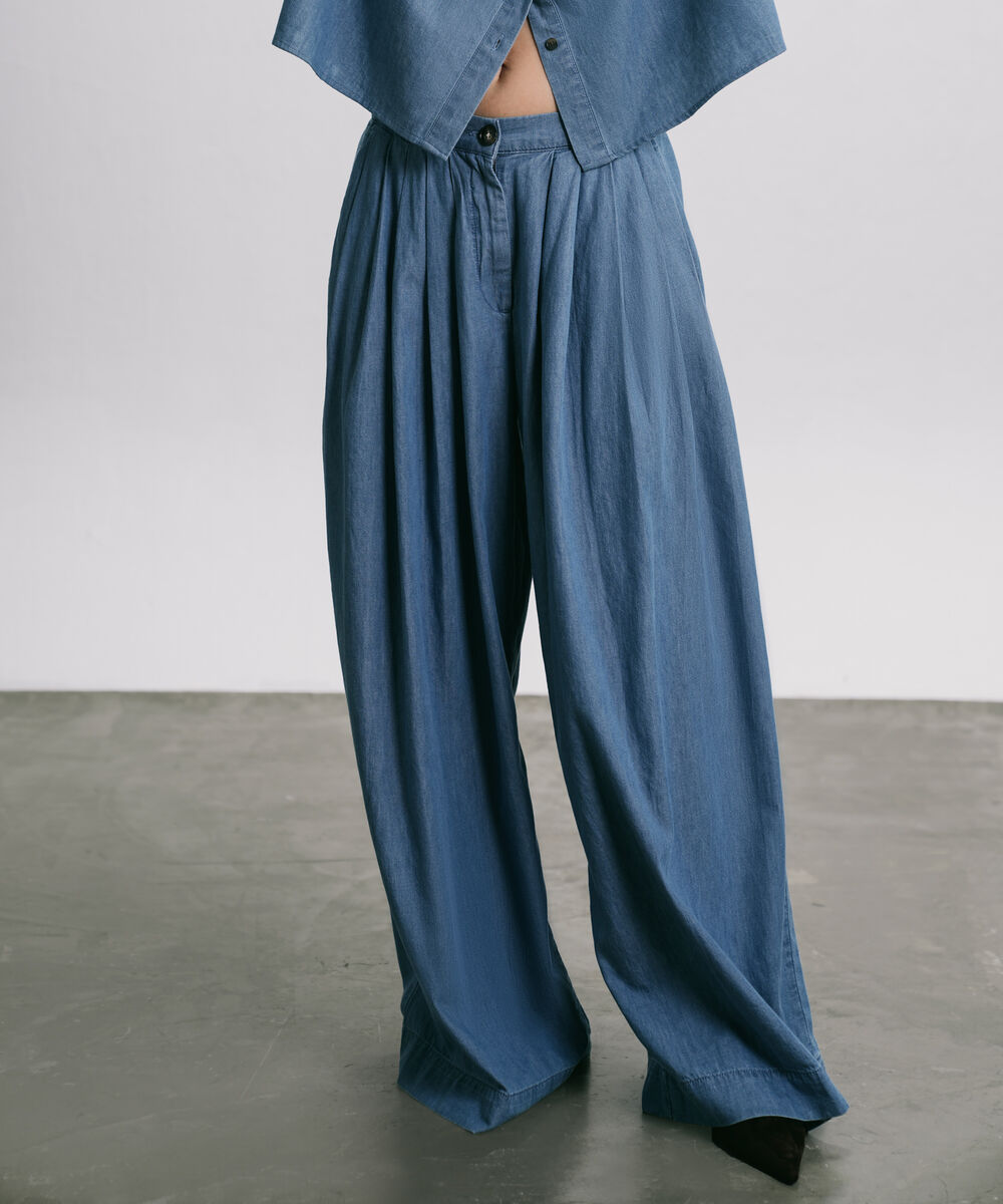 Women's Western Wear Blue Wide-Leg Pleated Trouser