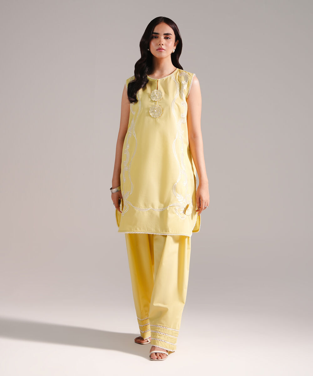Women's RTW Slub Lawn Embroidered Lime Yellow Straight Shirt
