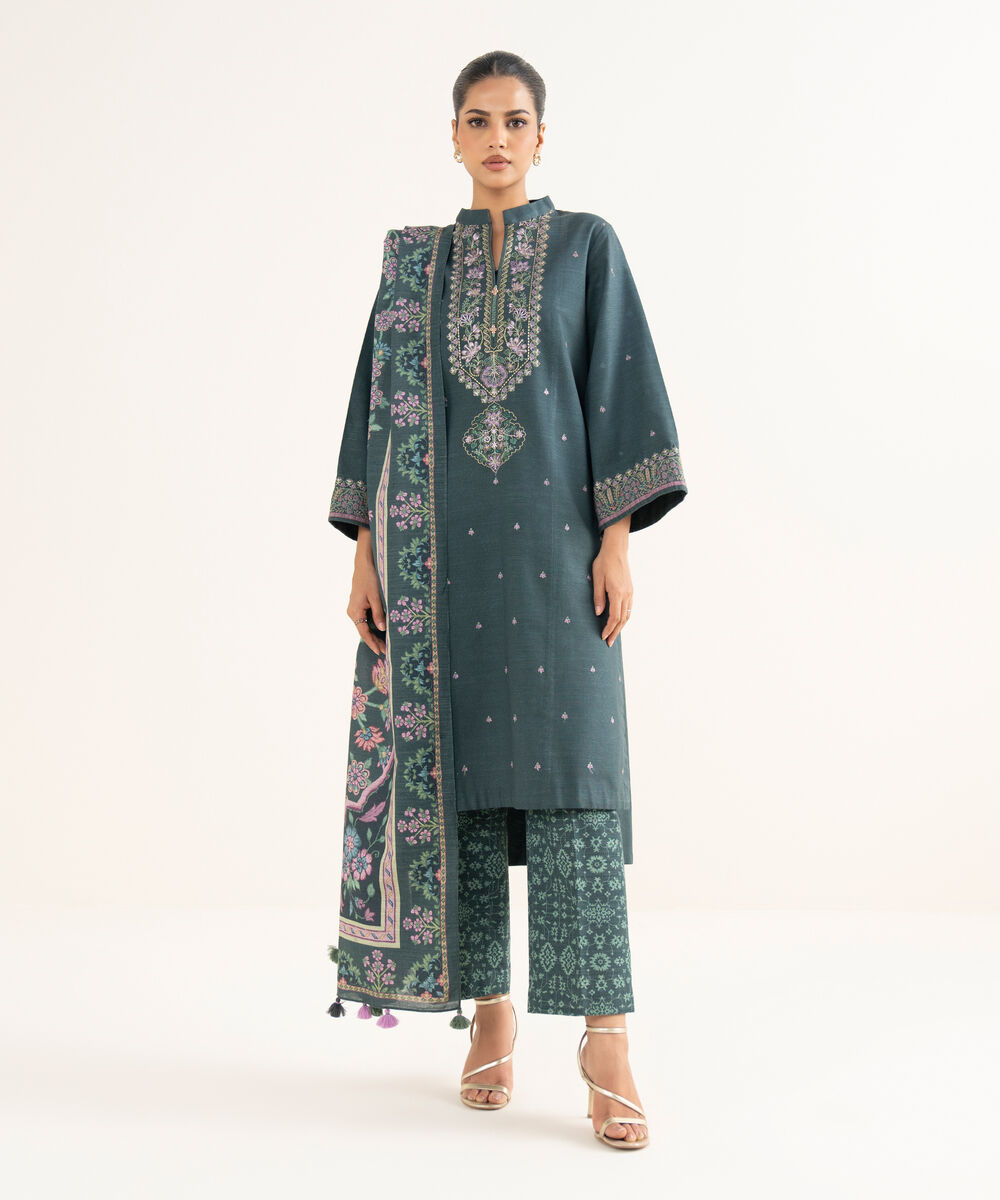 Women's Unstitched Light Khaddar Embroidered Green 3 Piece Suit