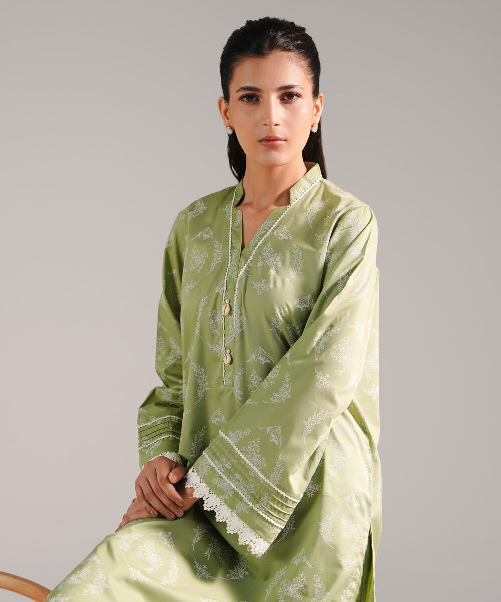Women's RTW Lawn Printed Green Straight Shirt