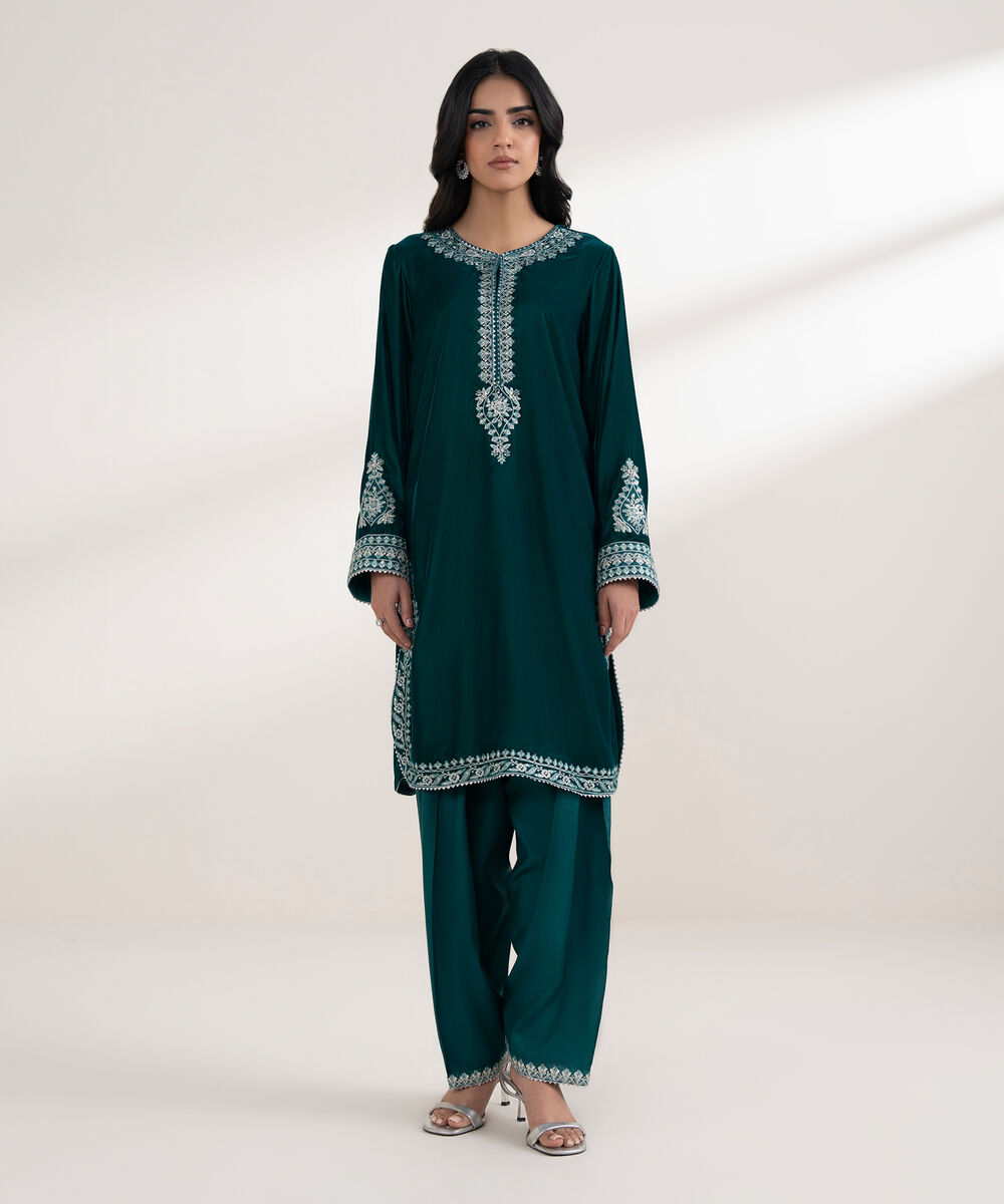 Women's RTW Velvet Embroidered Navy Blue Straight 2 Piece Suit