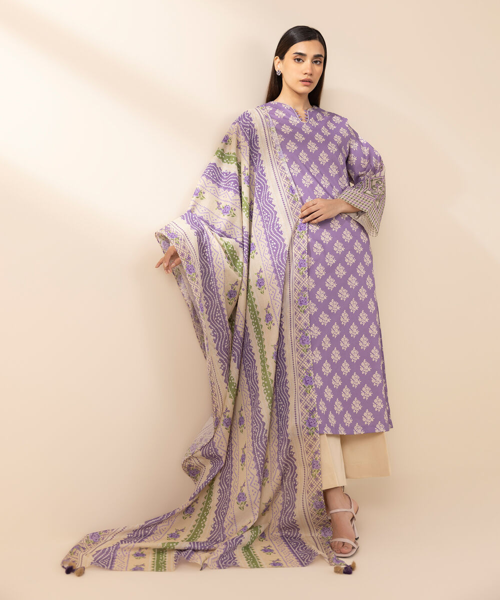 Women's Unstitched Lawn Embroidered Purple 2 Piece Suit