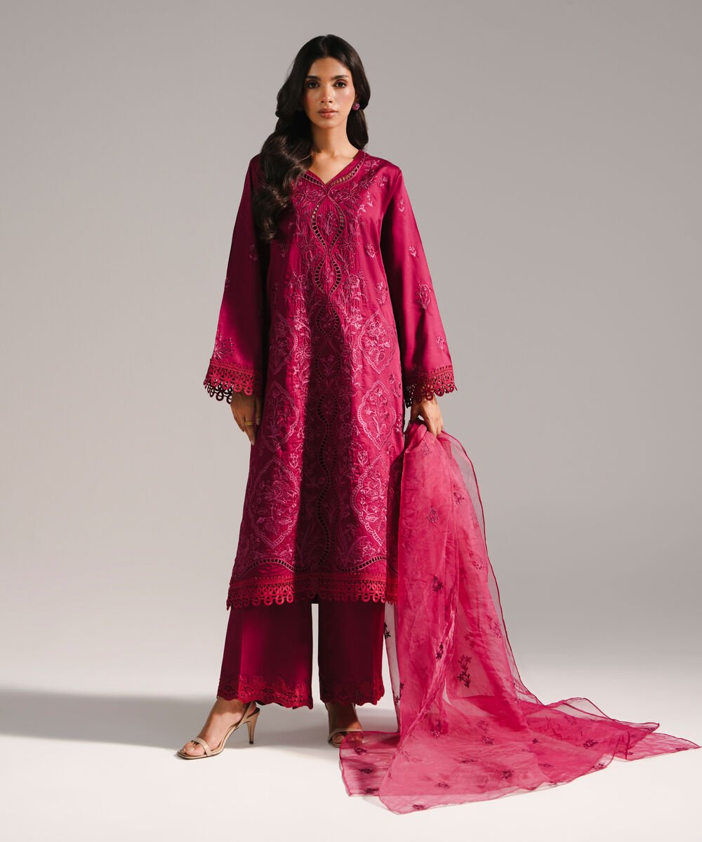 Women's RTW Cotton Satin Embroidered Plum 3 Piece Suit