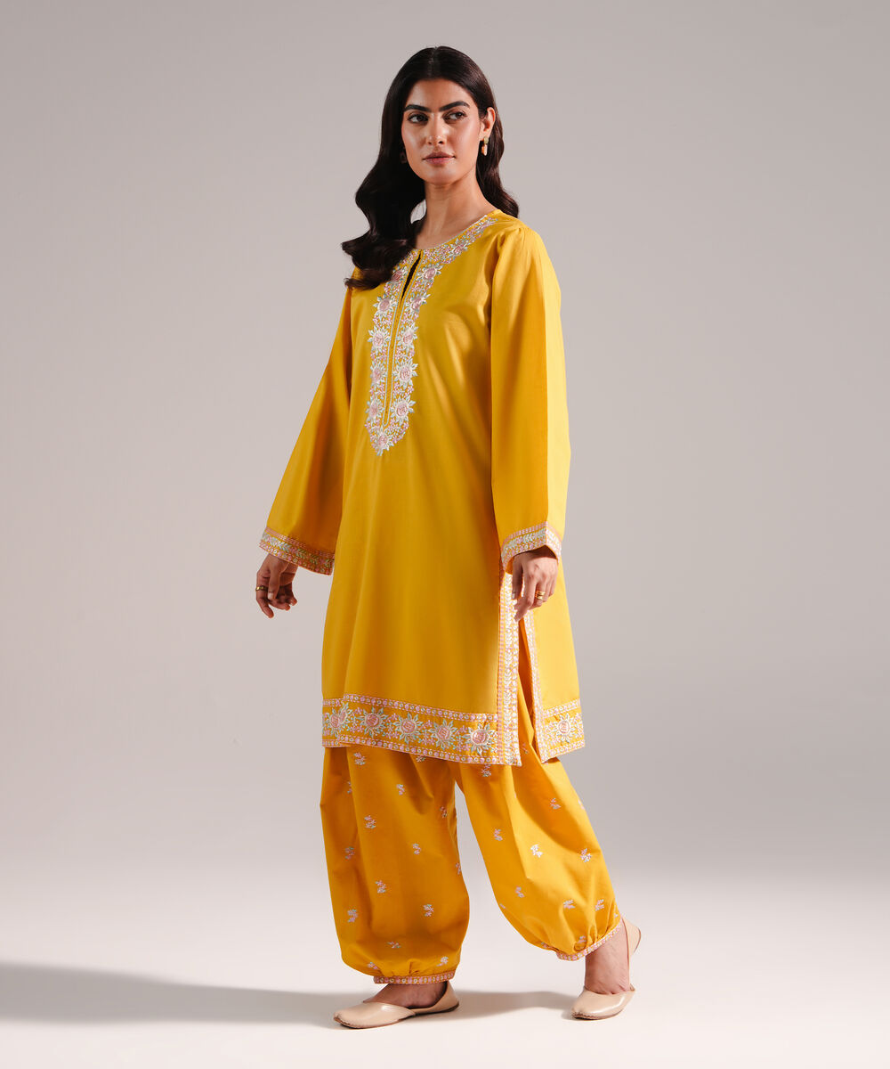 Women's RTW Slub Lawn Embroidered Mustard Yellow 2 Piece Suit