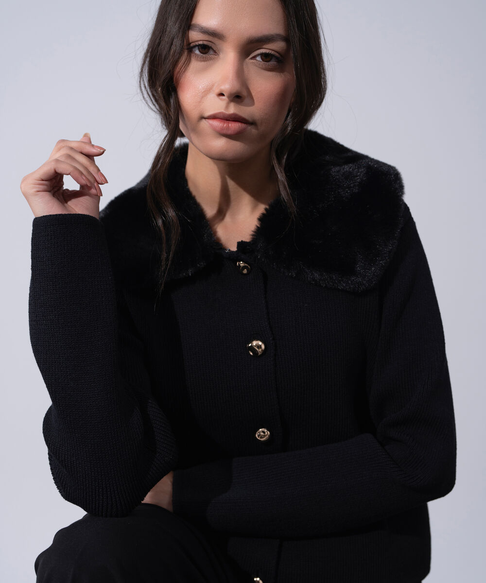 Women's Western Wear Black Polyester Rib Knit Cardigan With Fur Collar
