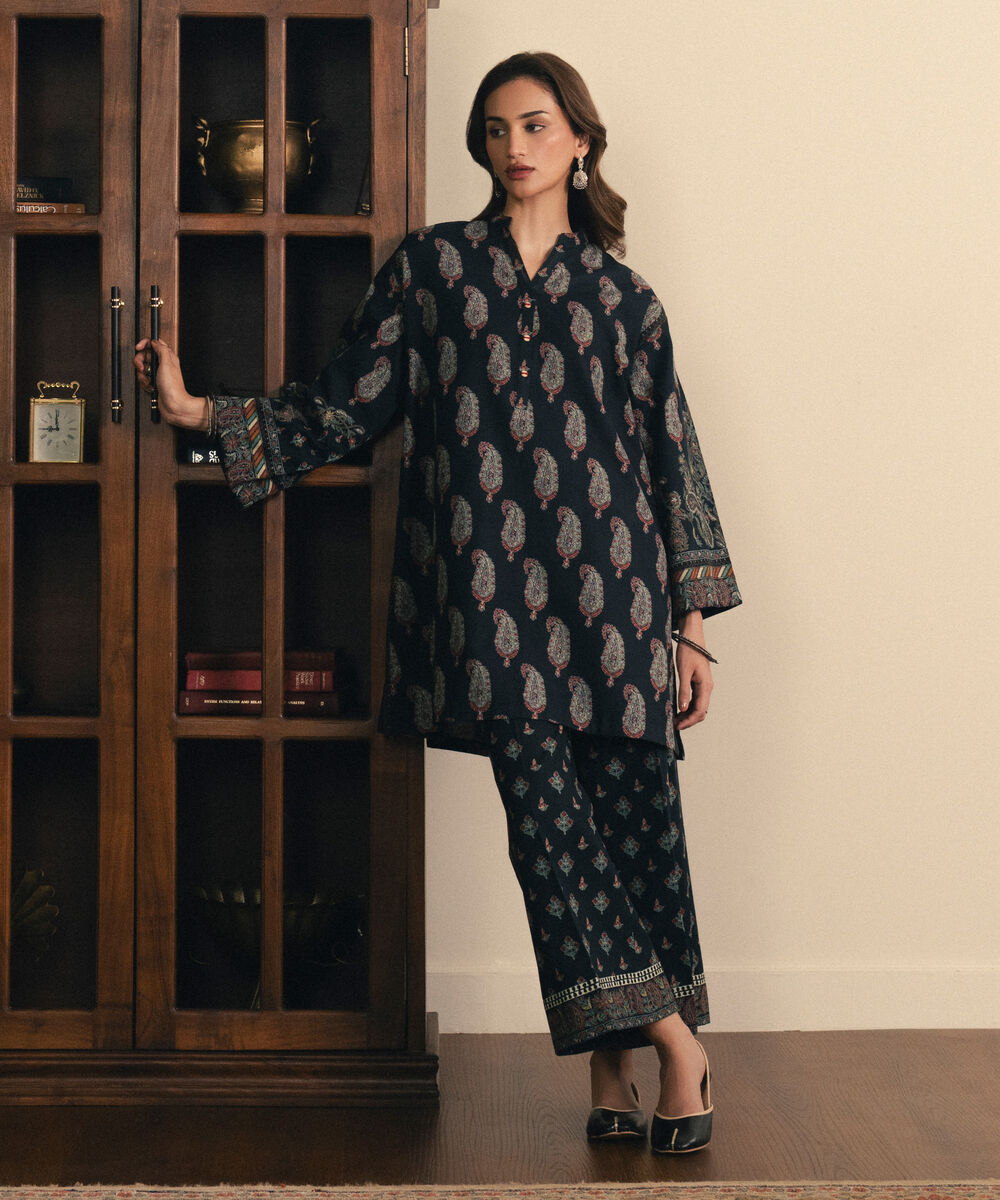 Women's Unstitched Light Khaddar Printed Black 2 Piece Suit