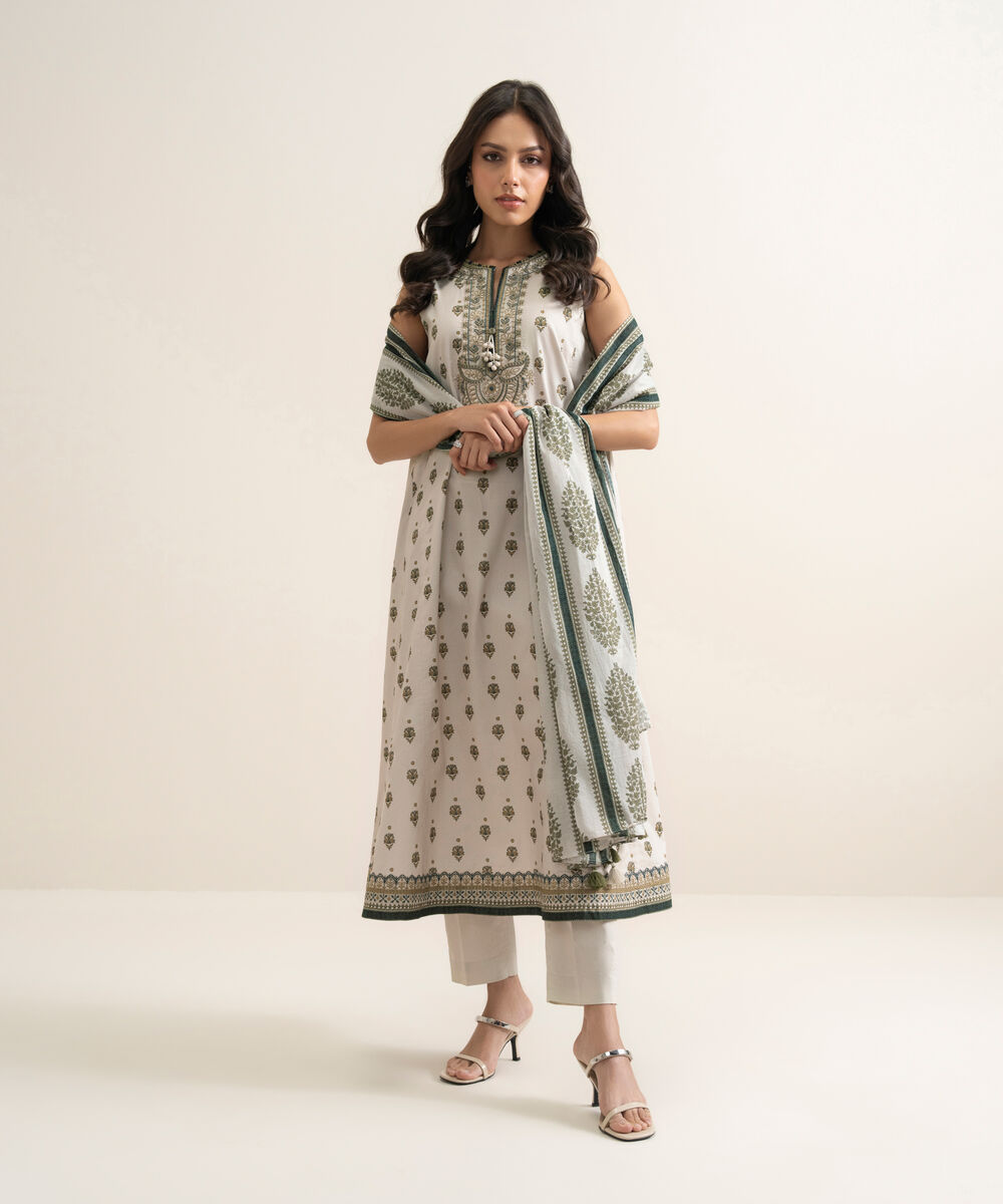Women's Unstitched Lawn Embroidered Beige 3 Piece Suit