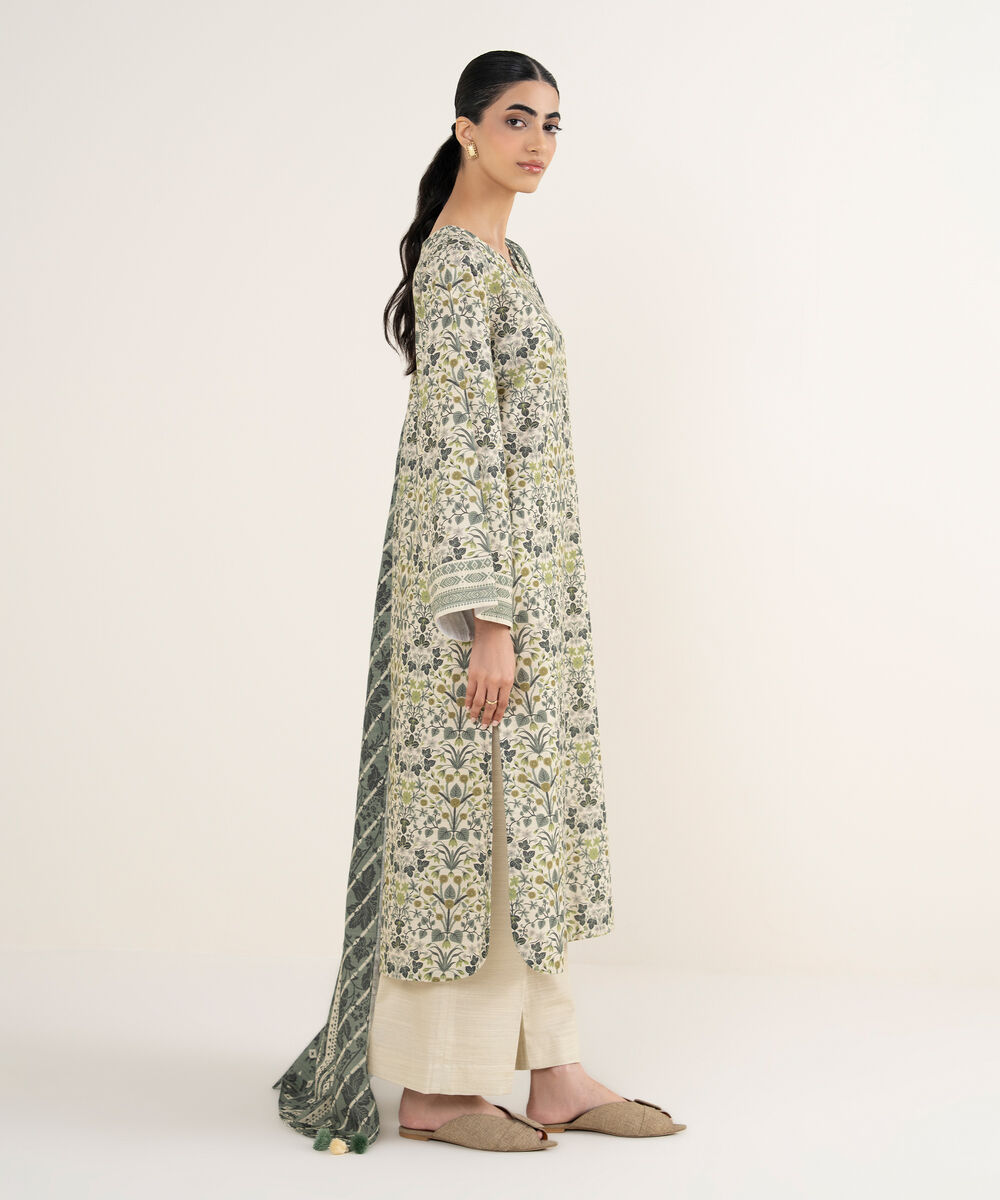 Women's Unstitched Printed Khaddar Off White and Grey 3 Piece Suit