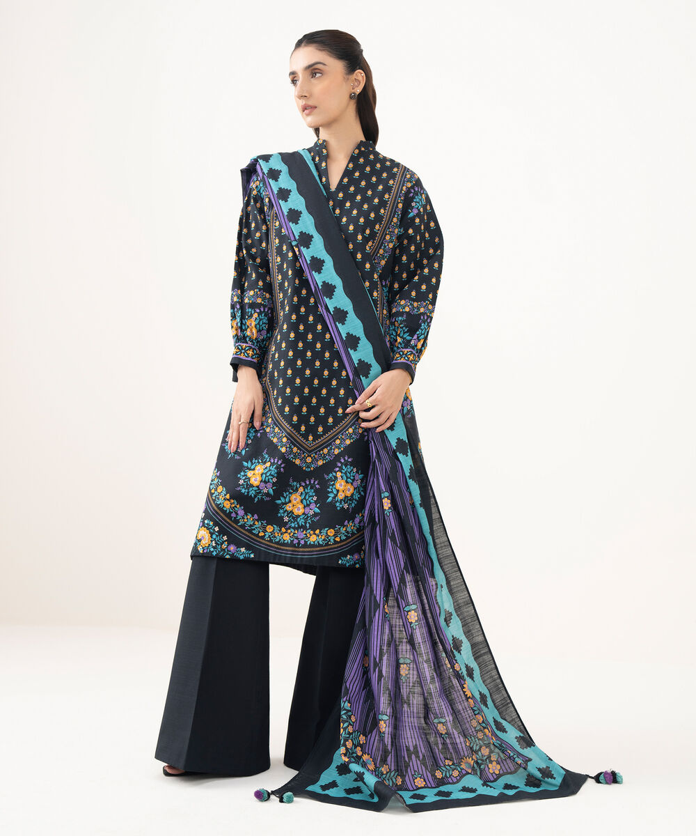 Women's Unstitched Khaddar Printed Black 3 Piece Suit
