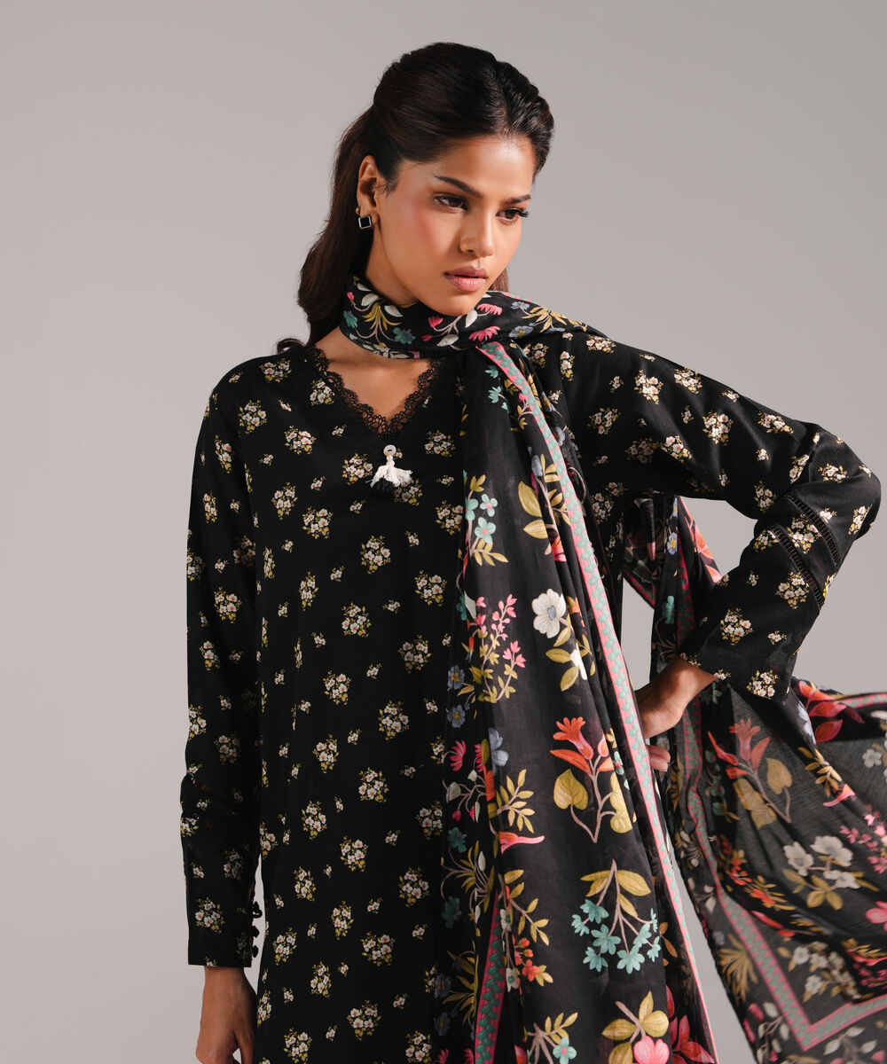 Women's RTW Dobby Printed Black 2 Piece Suit