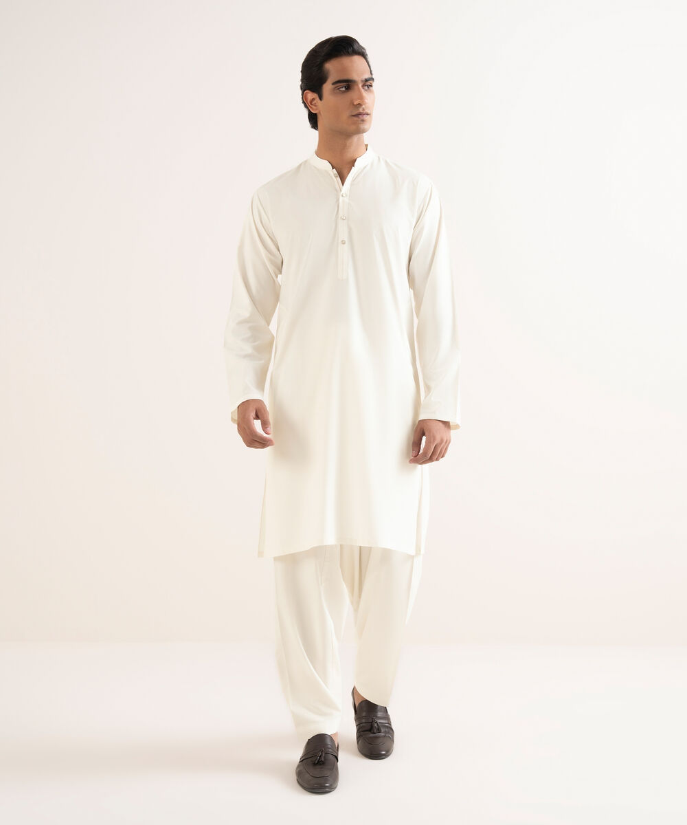 Men's Stitched Textured Wash & Wear Off White Suit
