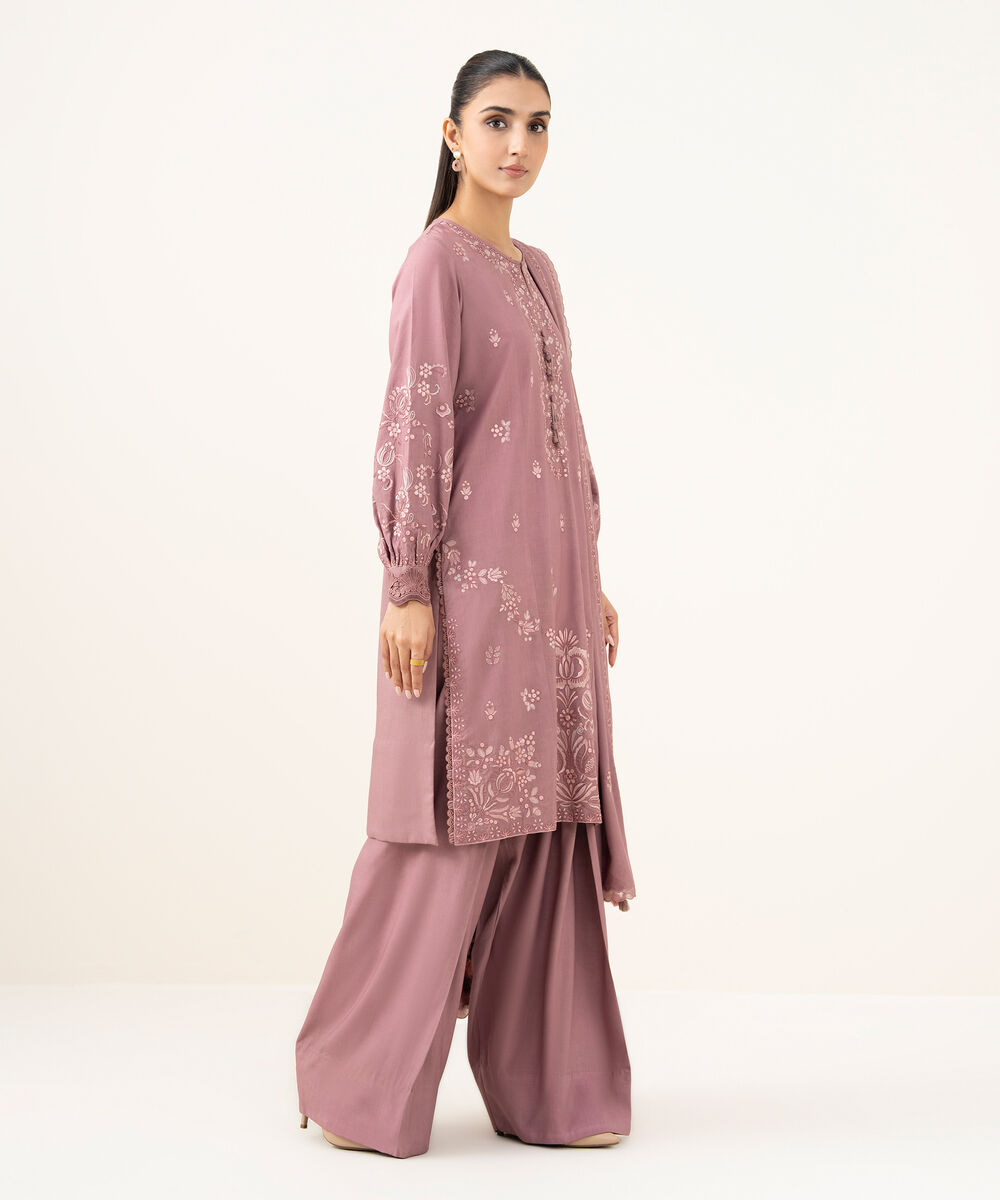 Women's Unstitched Embroidered Linen Mauve 3 Piece Suit