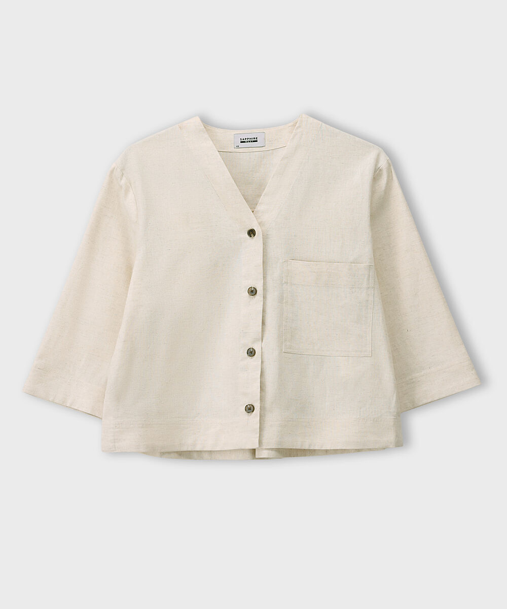 Women's Western Wear Beige V-Neck Linen Blend Shirt