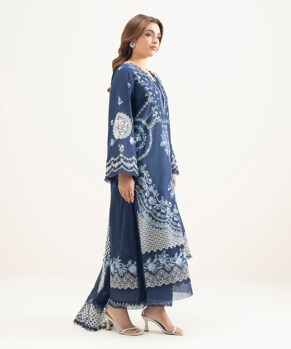 Women's Unstitched Lawn Embroidered Blue  3 Piece Suit