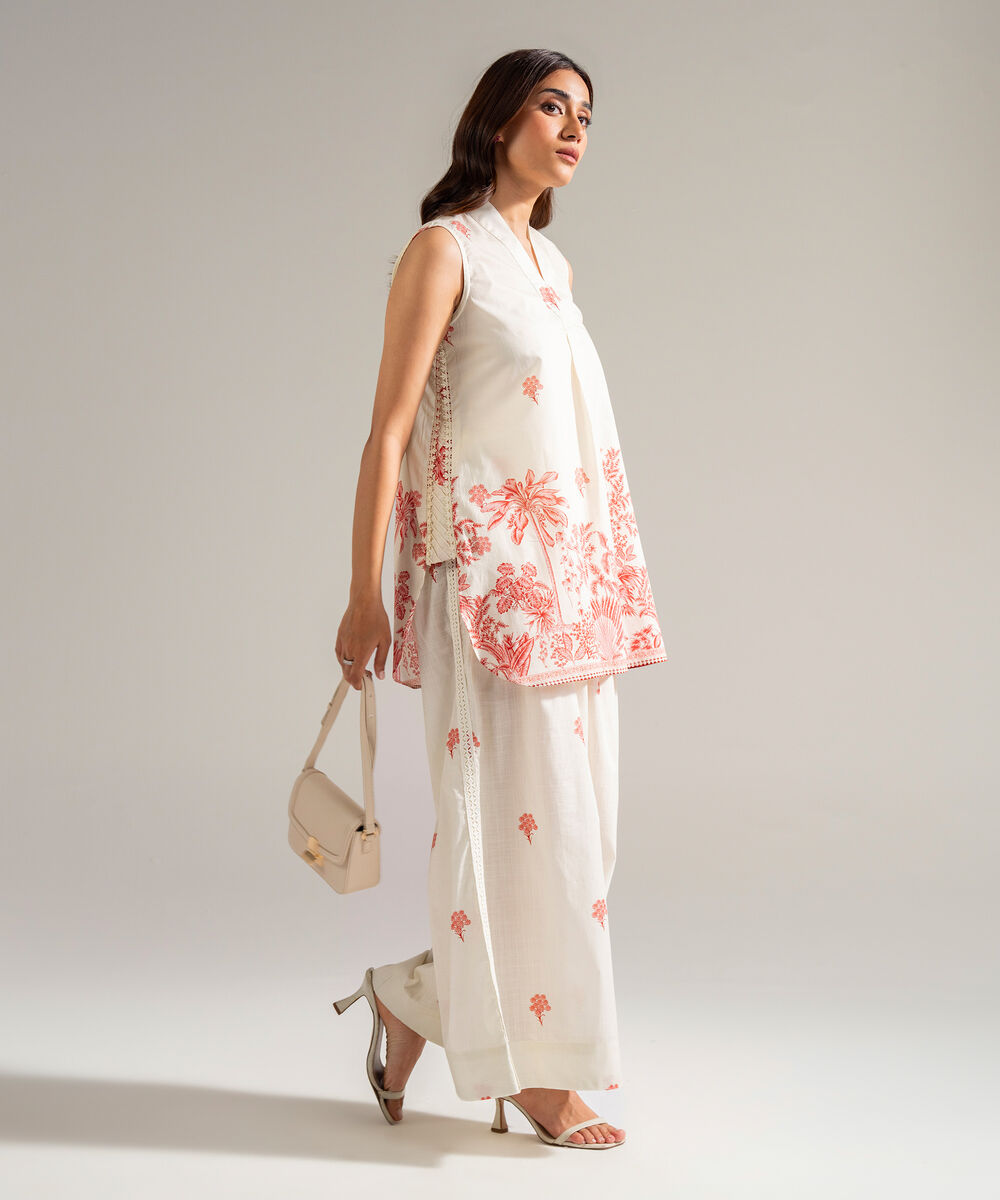 Women's RTW Slub Lawn Printed Off White Straight Shirt