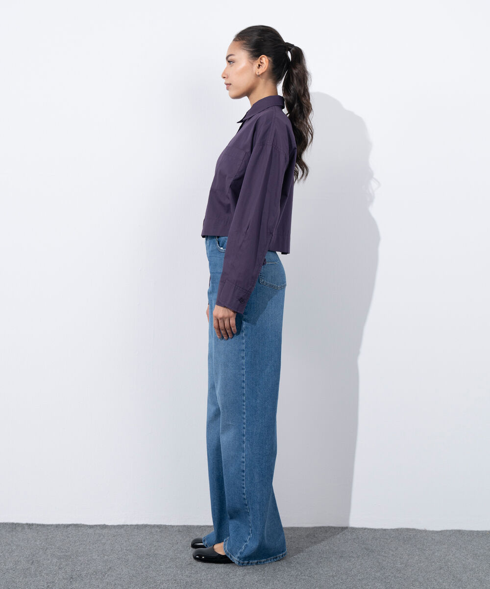 Women's Western Wear Purple Crop Shirt With Overlapped Cuff