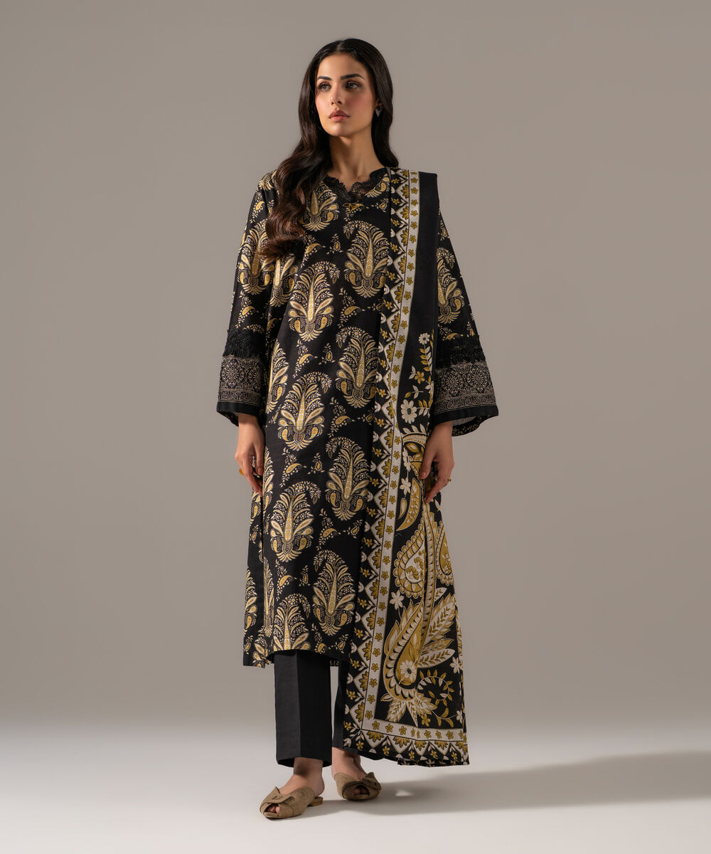 Women's RTW Khaddar Printed Black 3 Piece Suit