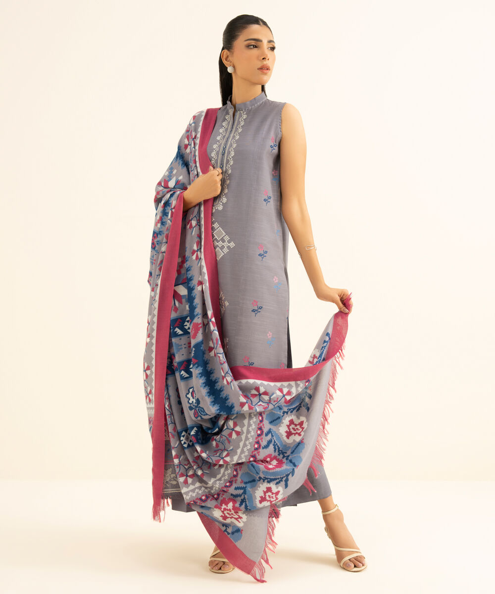 Women's Unstitched Twill Embroidered Grey 3 Piece Suit