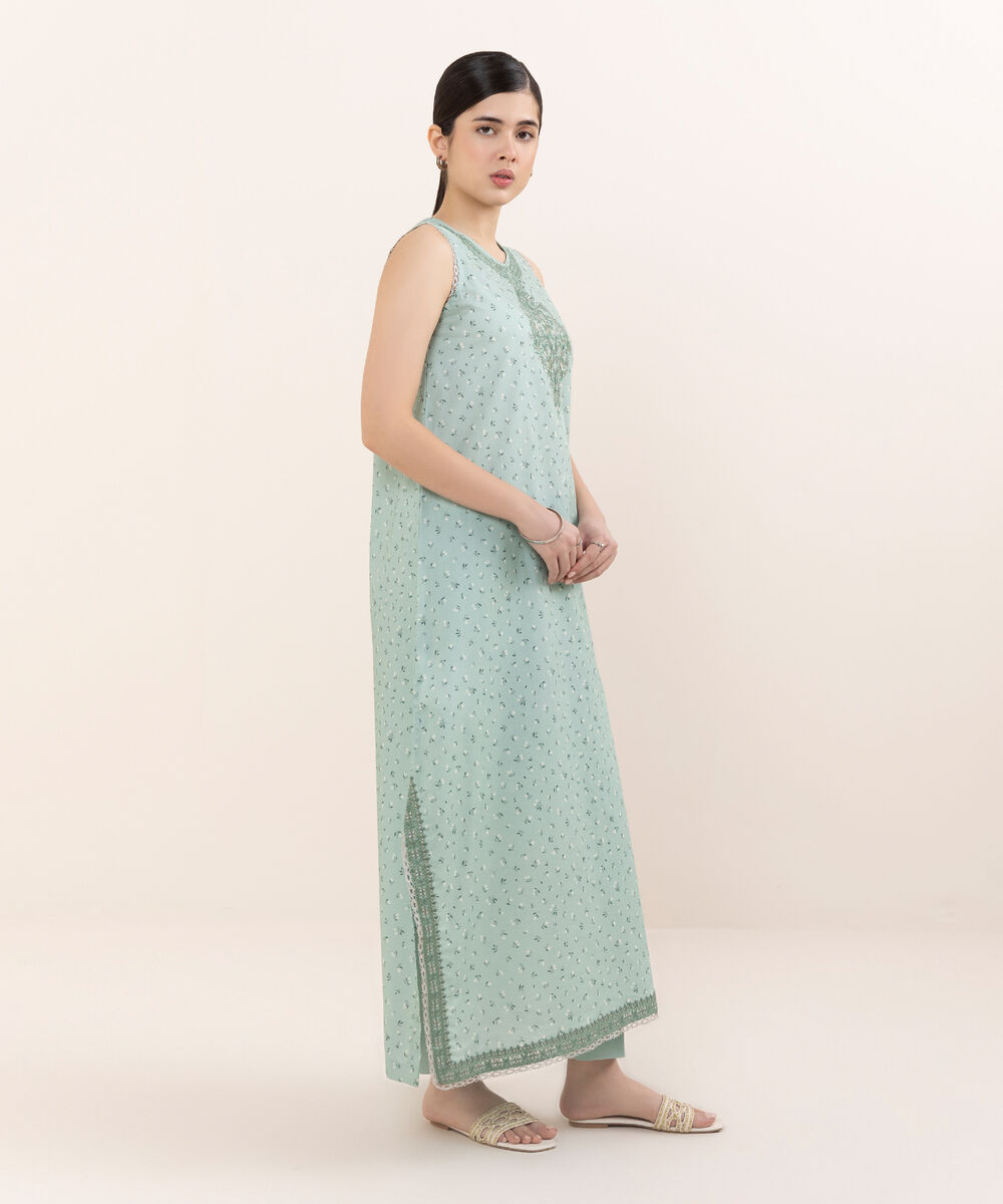 Women's Unstitched Lawn Embroidered Aqua Two Piece Suit