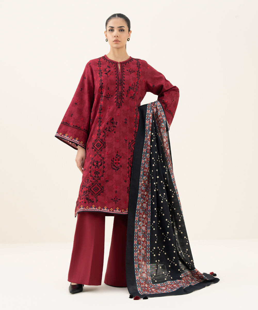 Women's Unstitched Embroidered Cotton Jacquard Red 3 Piece Suit