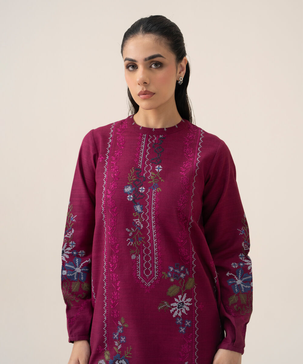 Women's Unstitched Premium Khaddar Embroidered Magenta 3 Piece Suit