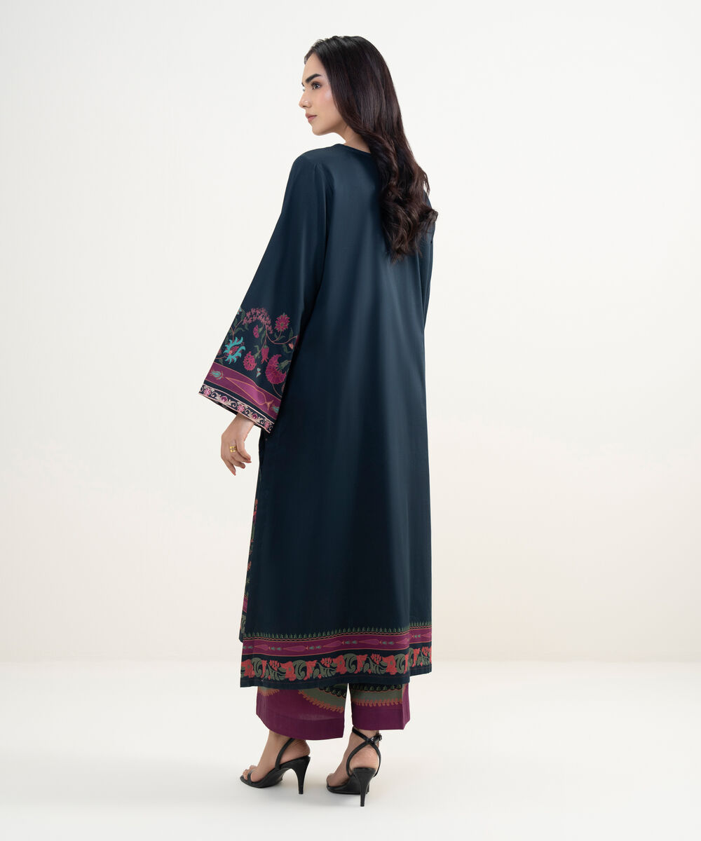 Women's RTW Cotton Satin Embroidered Black A-Line Shirt