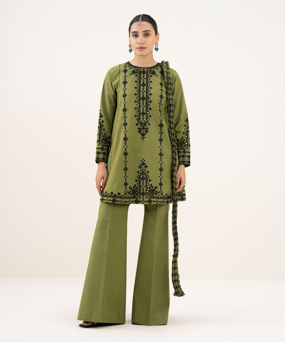Women's Unstitched Cotton Embroidered Green 3 Piece Suit