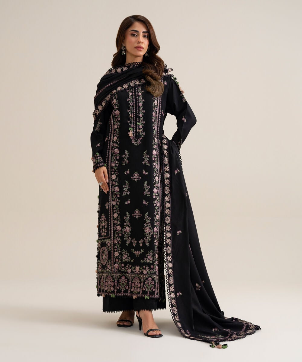 Womens Unstitched Marina Embroidered Black 3 Piece Suit