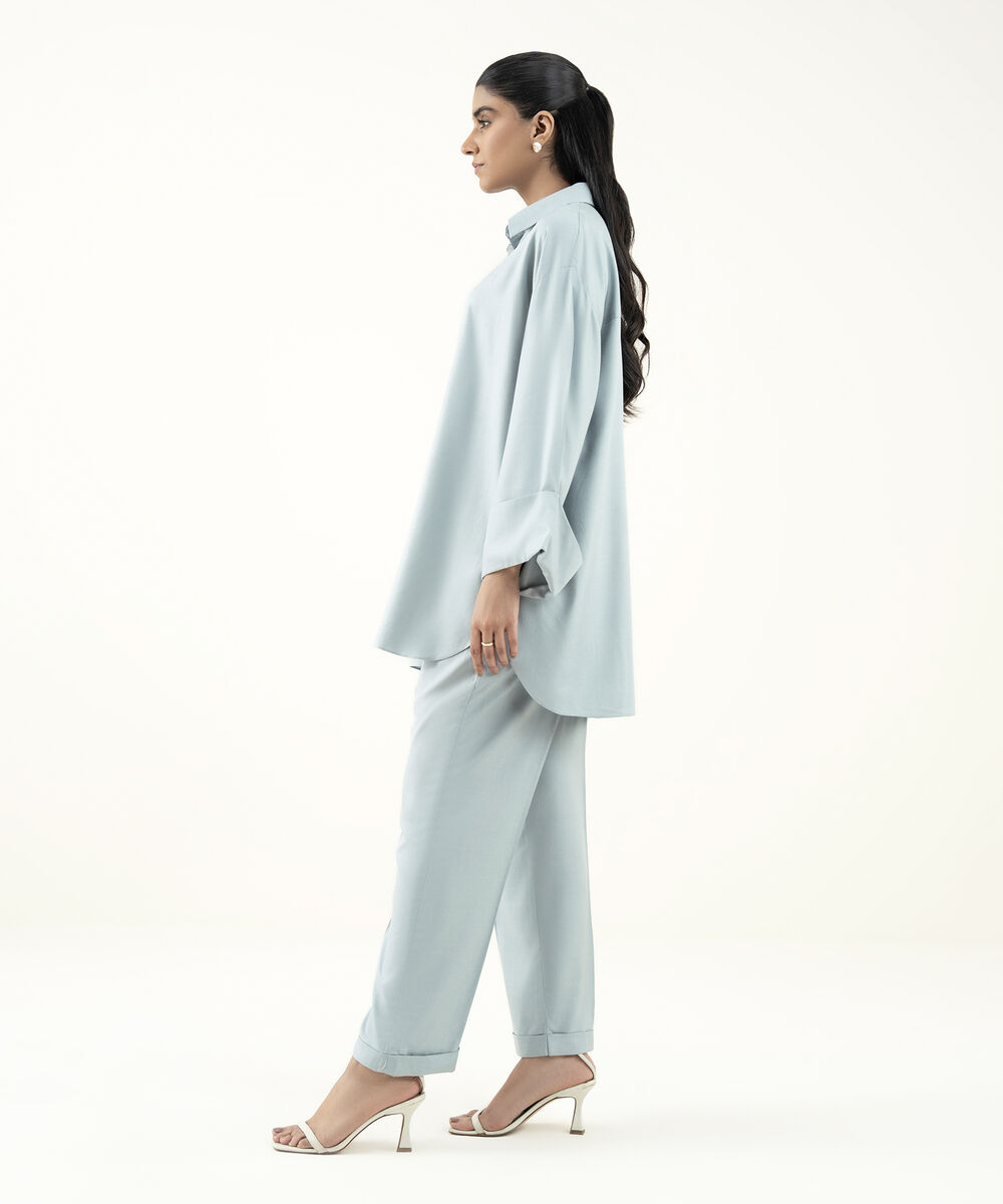 Women's RTW Dobby Blue Solid Button Down Shirt