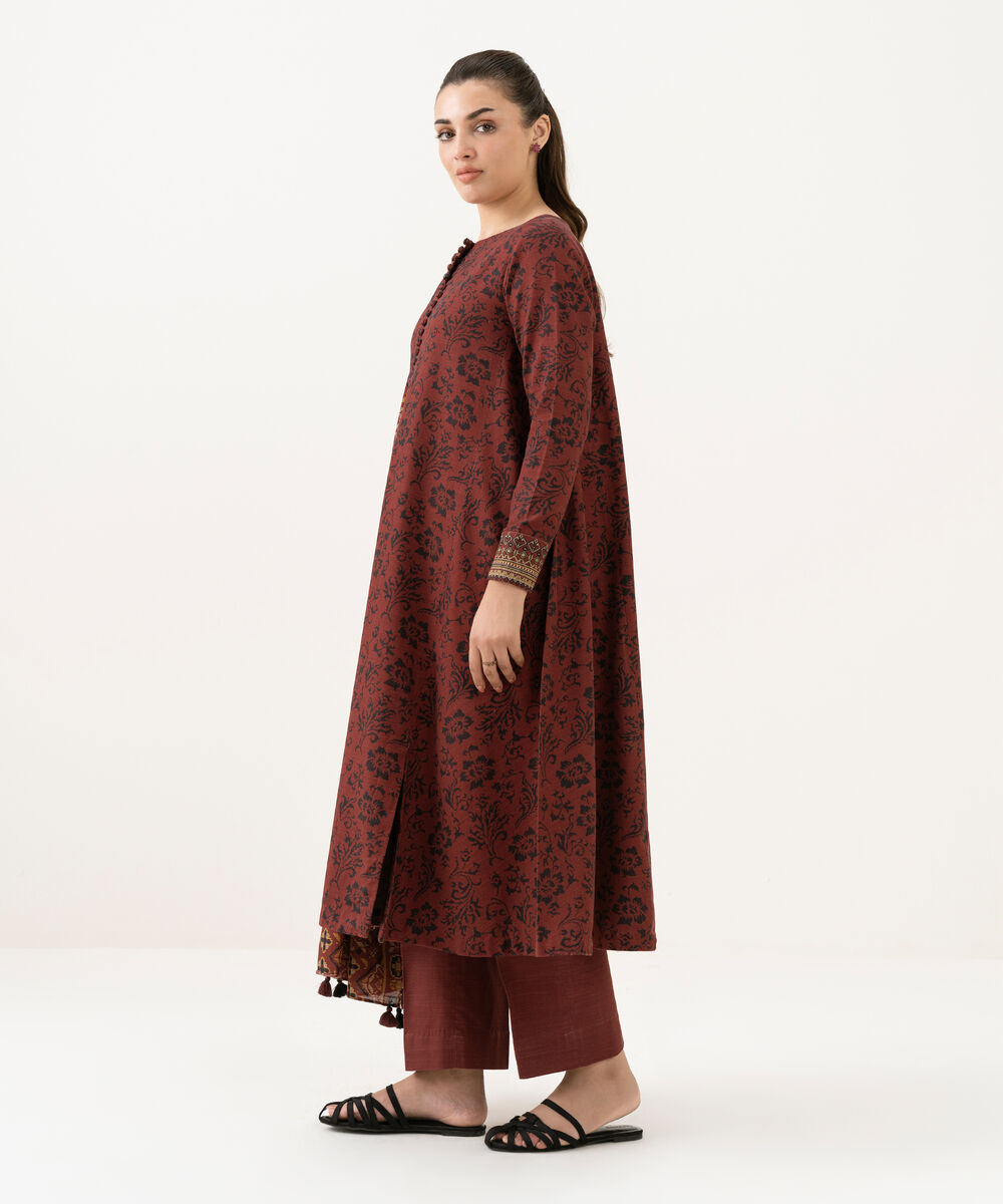 Women's Unstitched Light Khaddar Printed Red 3 Piece Suit