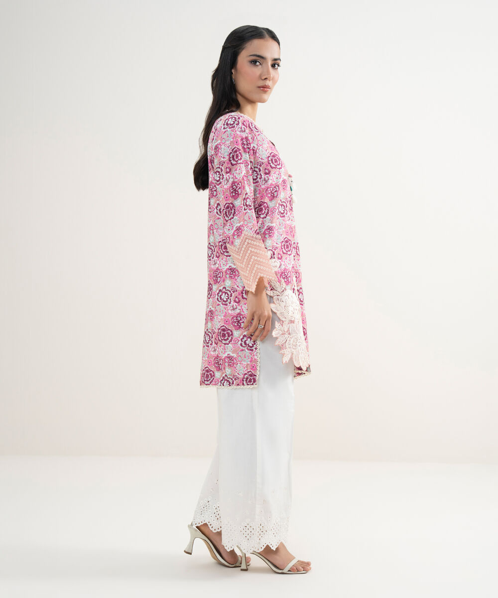 Women's RTW Viscose Raw Silk Embroidered Pink Straight Shirt