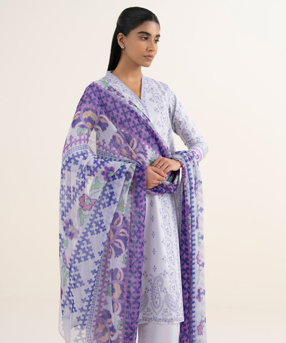 Women's Unstitched Lawn Printed Purple 3 Piece Suit