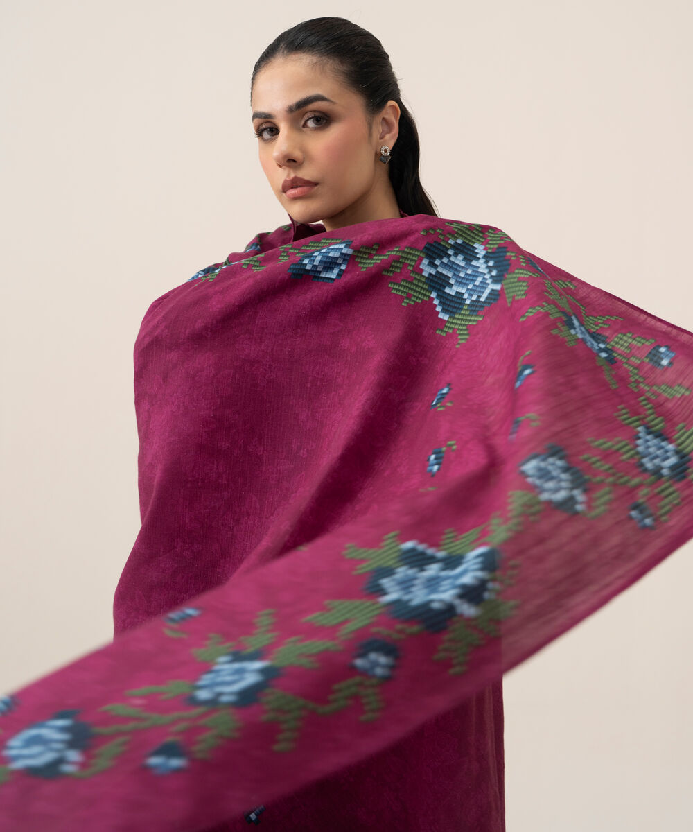 Women's Unstitched Premium Khaddar Embroidered Magenta 3 Piece Suit