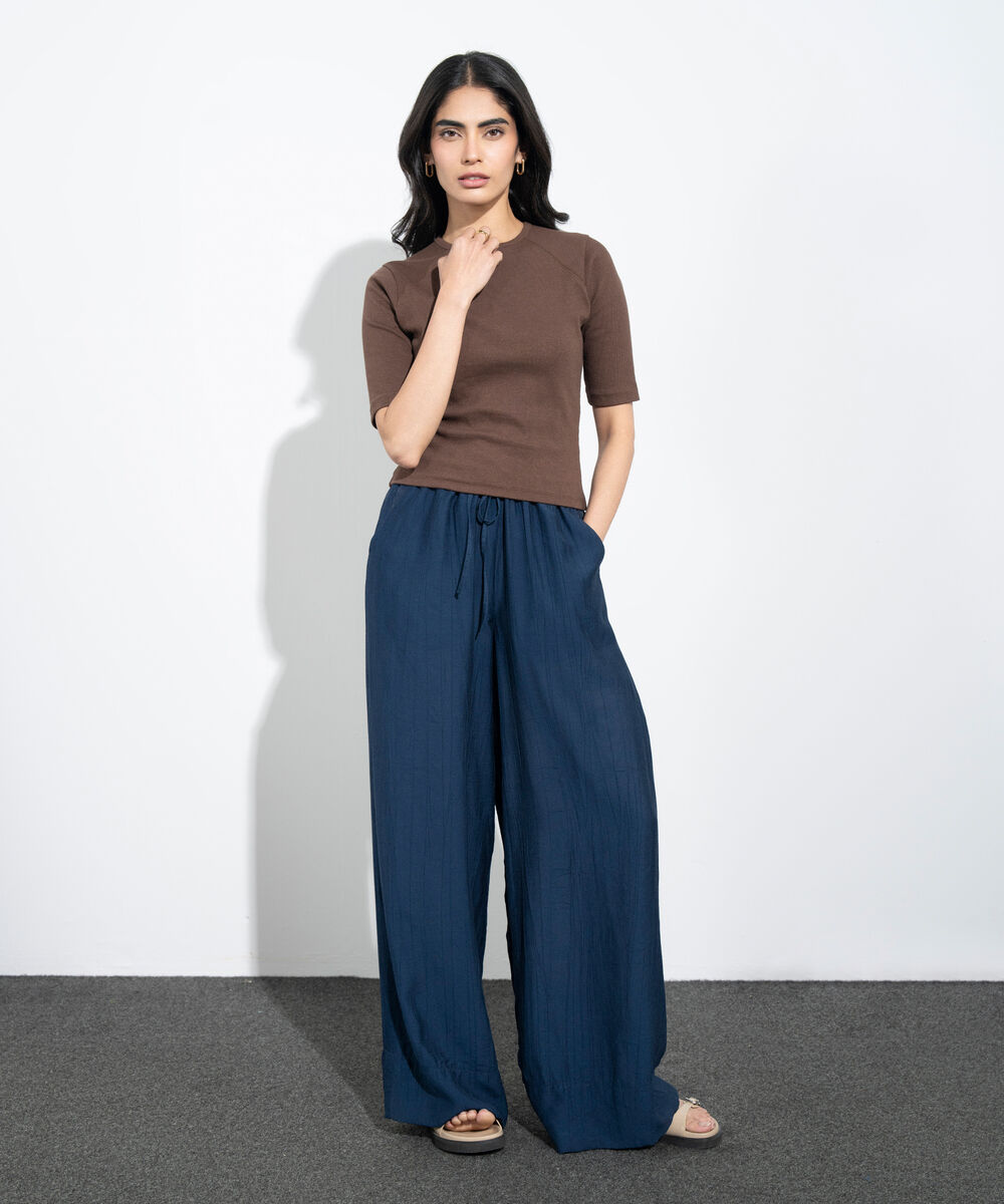 Women's Western Navy Wide-Leg Textured Trousers