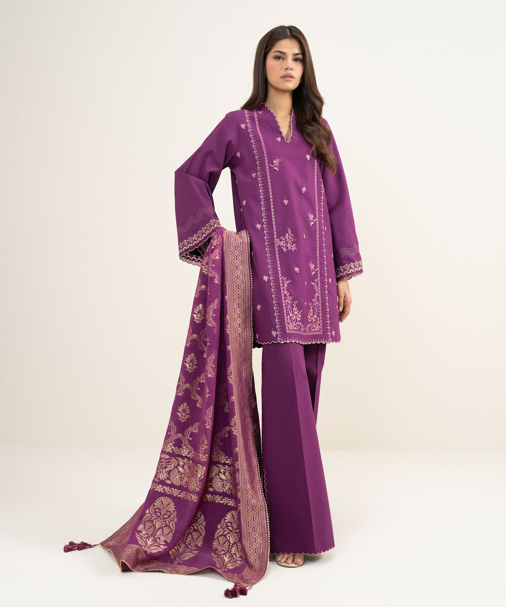 Women's Unstitched Dobby Embroidered Purple 3 Piece Suit