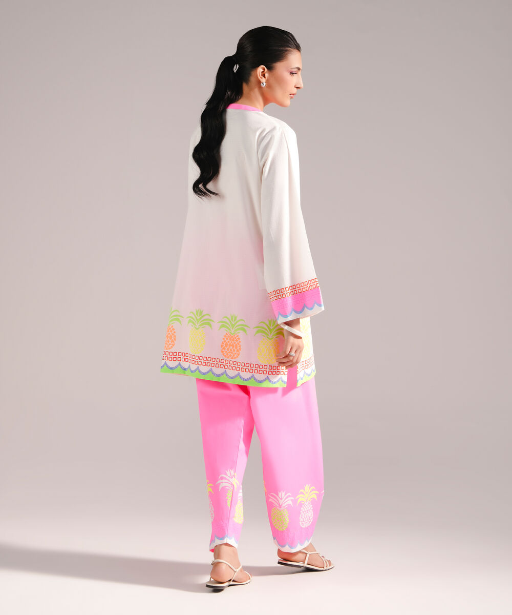 Women's RTW Dobby Printed White 2 Piece Suit