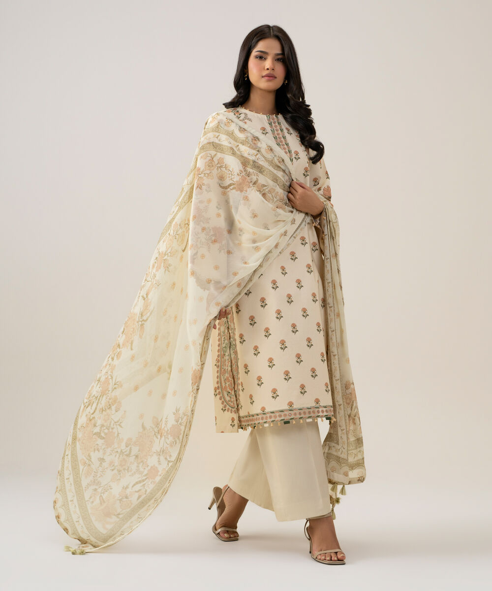 Women's Unstitched Bemberg Tissue Printed Off White 3 Piece Suit