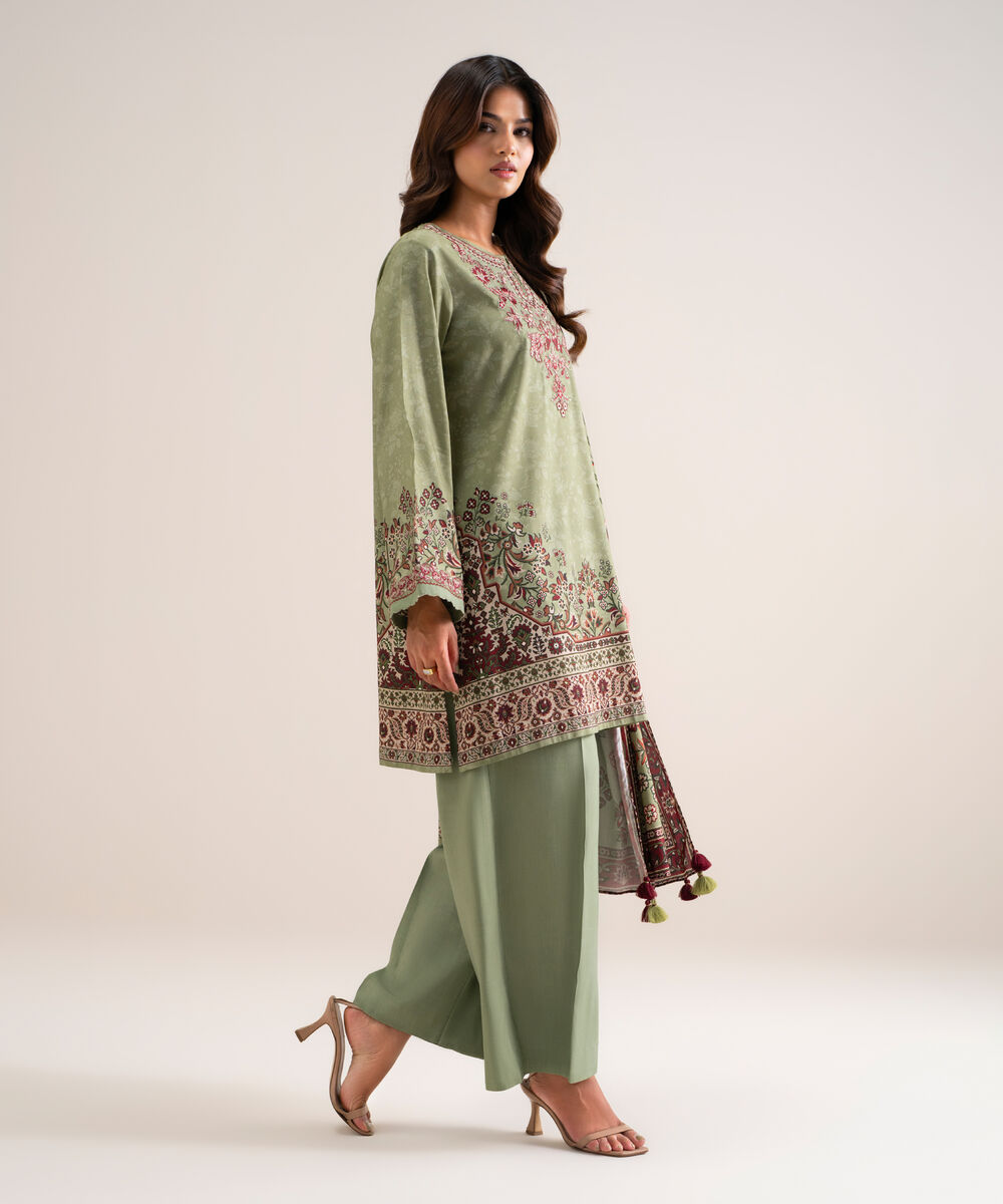 Women's Unstitched Printed Cotton Viscose Moss Green 3 Piece Suit
