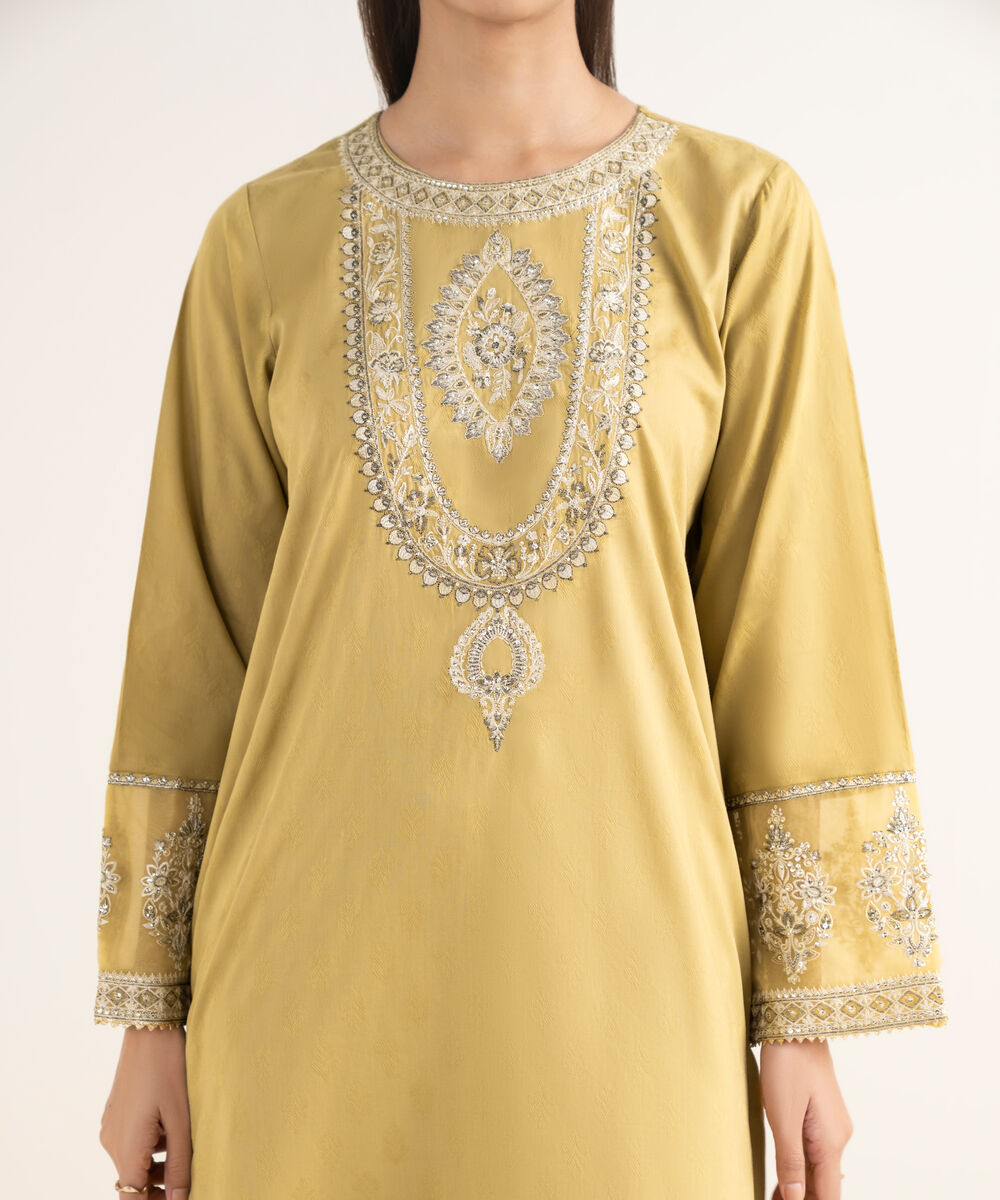 Women's RTW Self Jacquard Leno Embroidered Yellow A-Line Shirt