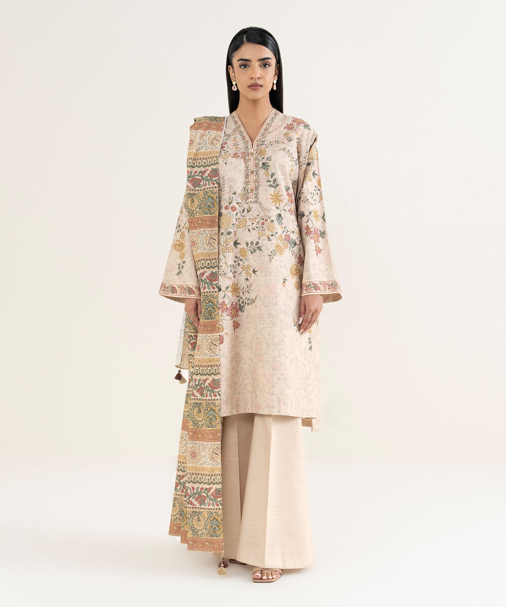 Women's Unstitched Printed Cotton Beige 3 Piece Suit