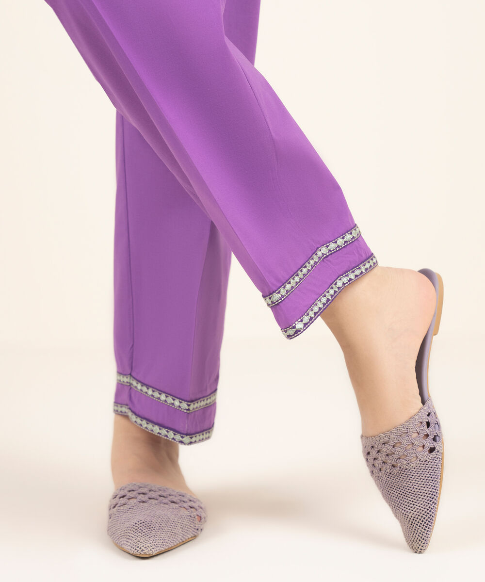 Women's RTW Cambric Embroidered Purple Straight Pants