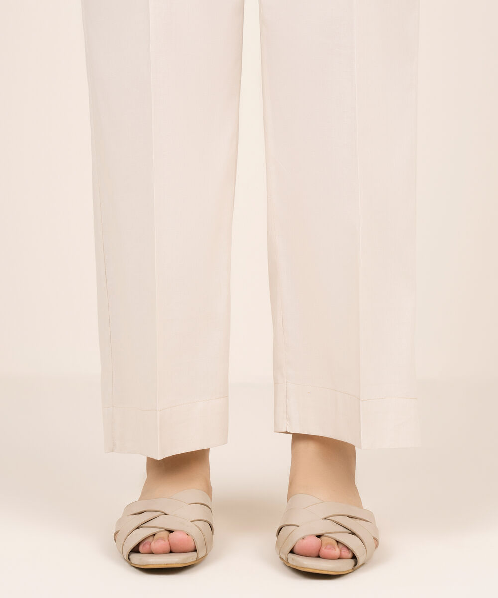 Women's RTW Cotton Viscose Off White Solid Straight Pants