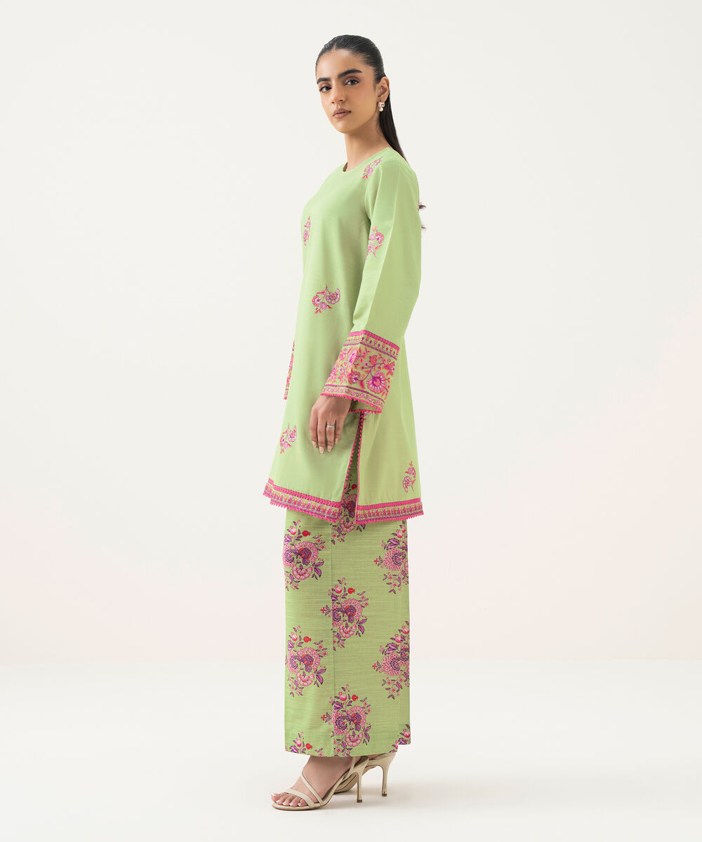 Women's RTW Light Khaddar Green Embroidered Straight Shirt