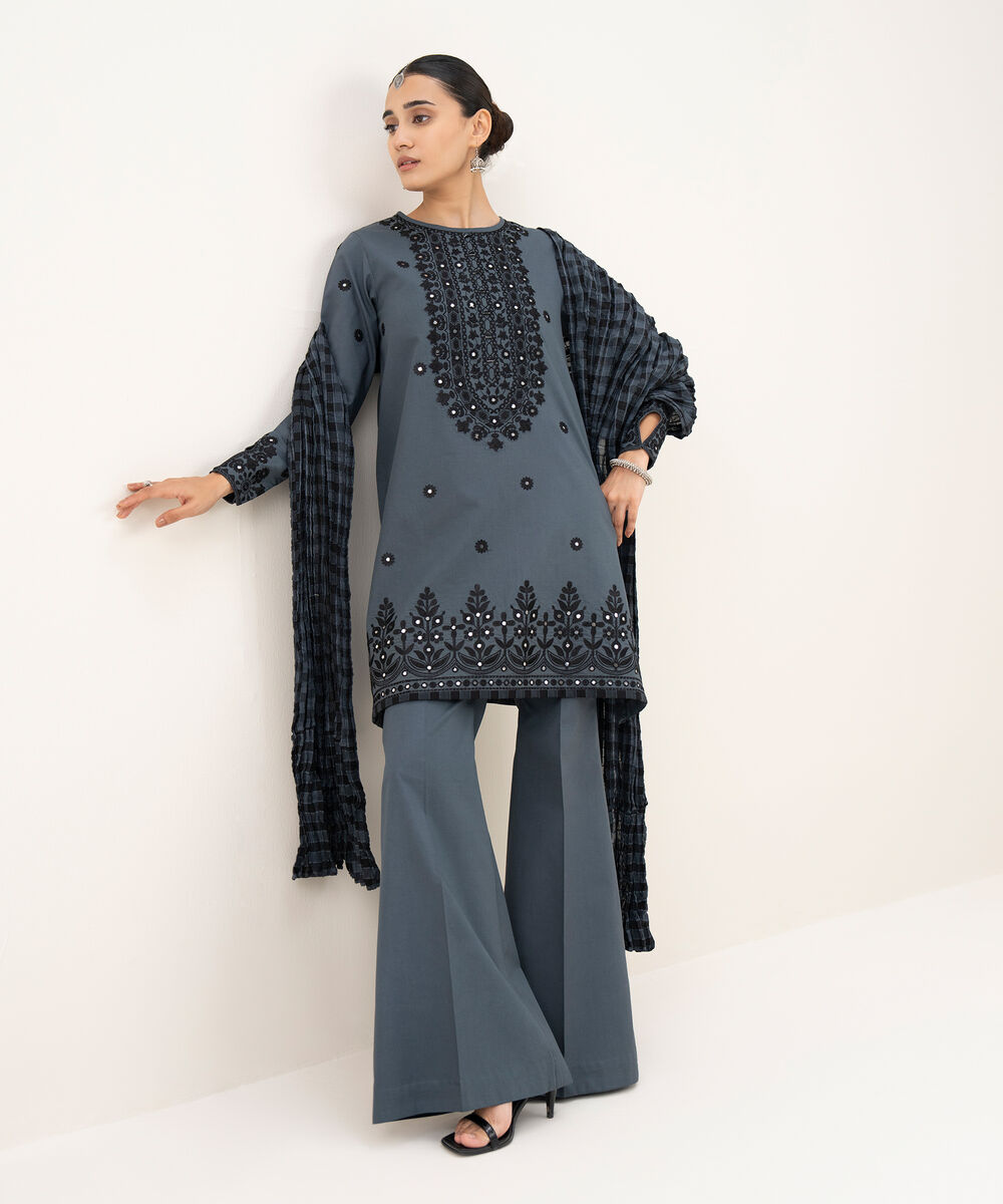 Women's Unstitched Cotton Embroidered Grey 3 Piece Suit