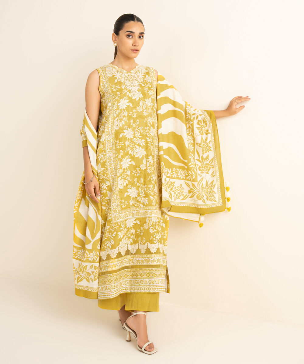 Women's Unstitched Light Khaddar Embroidered Yellow 3 Piece Suit