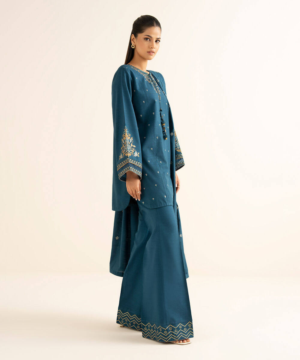 Women's Unstitched Cotton Embroidered Blue 3 Piece Suit