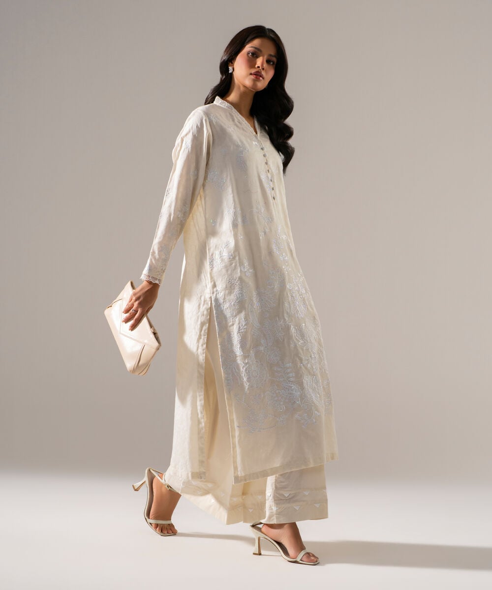Women's RTW Self Jacquard Solid Embroidered Off White 2 Piece Suit