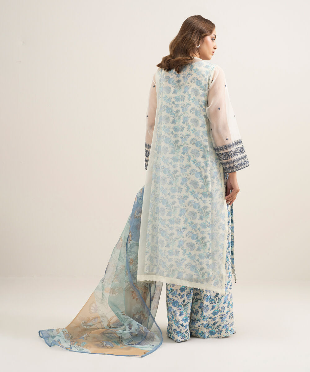 Women's RTW Blended Organza Embroidered Off White 3 Piece Suit